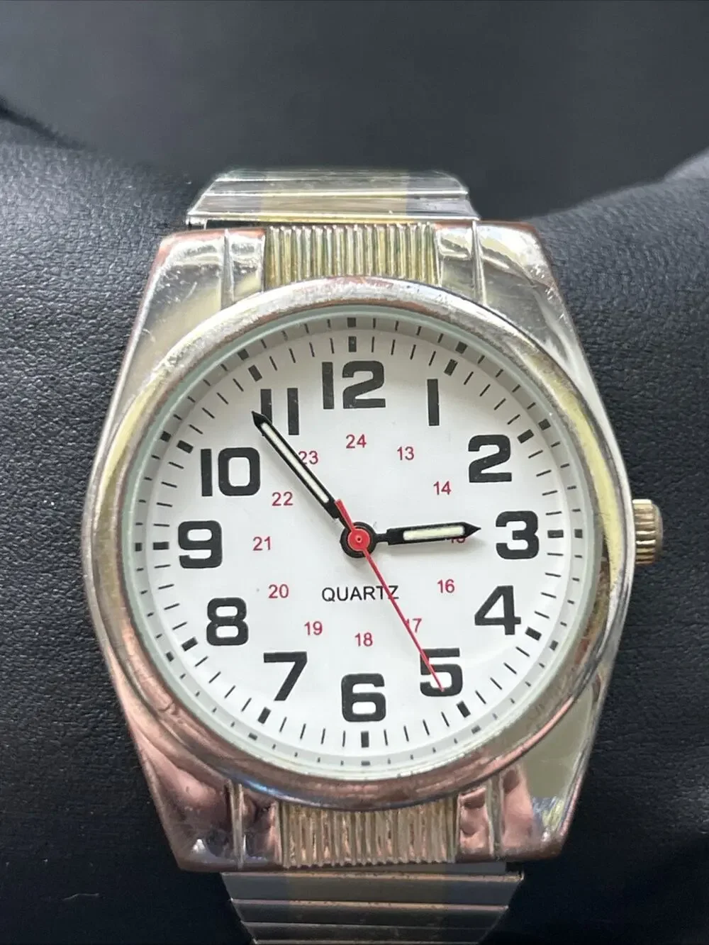 Two Tone Easy Read Military Time Stretch Band Quartz Watch